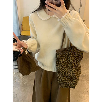 甜美娃娃领花边毛衣2025早春新款