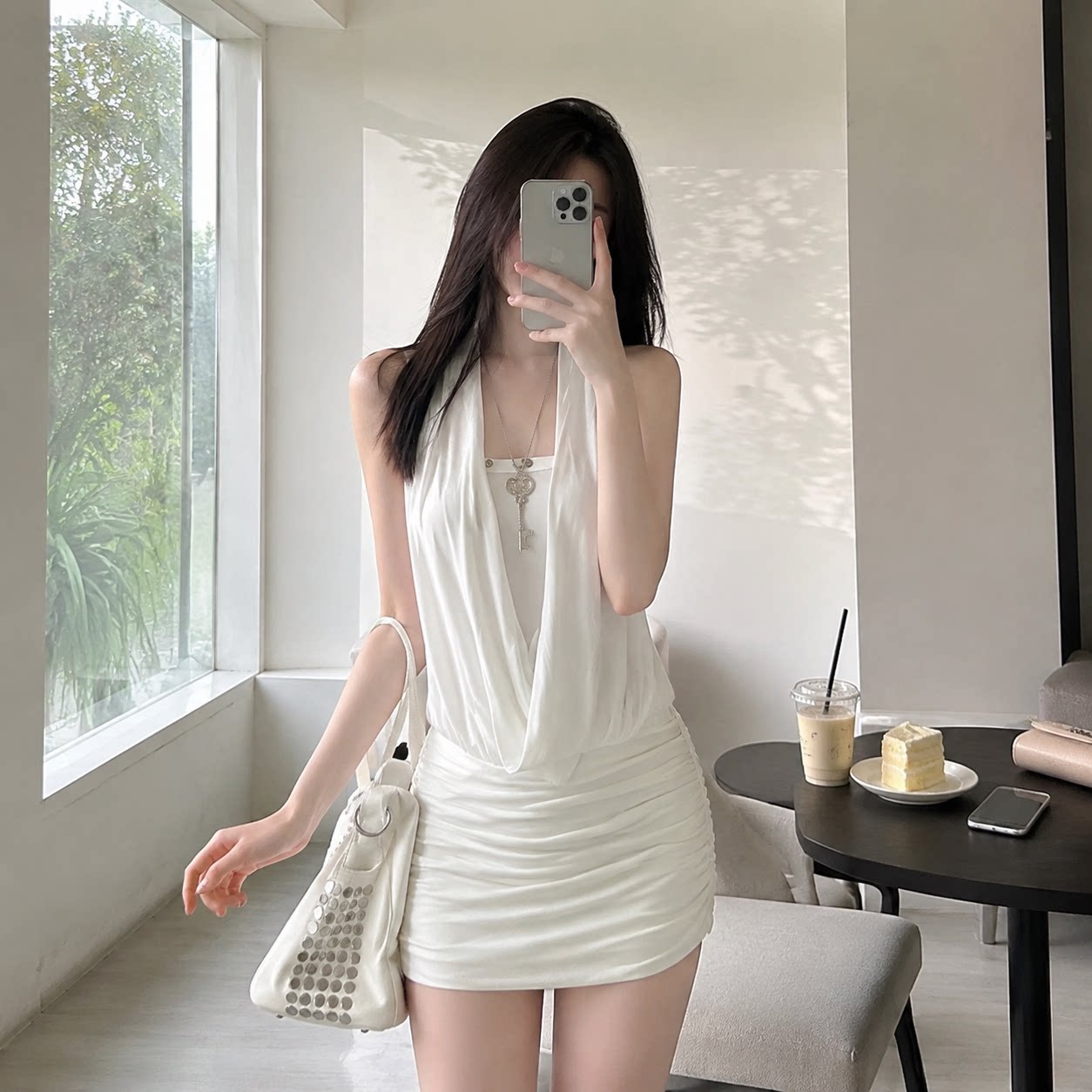 美式复古挂脖荡领小个子连衣裙