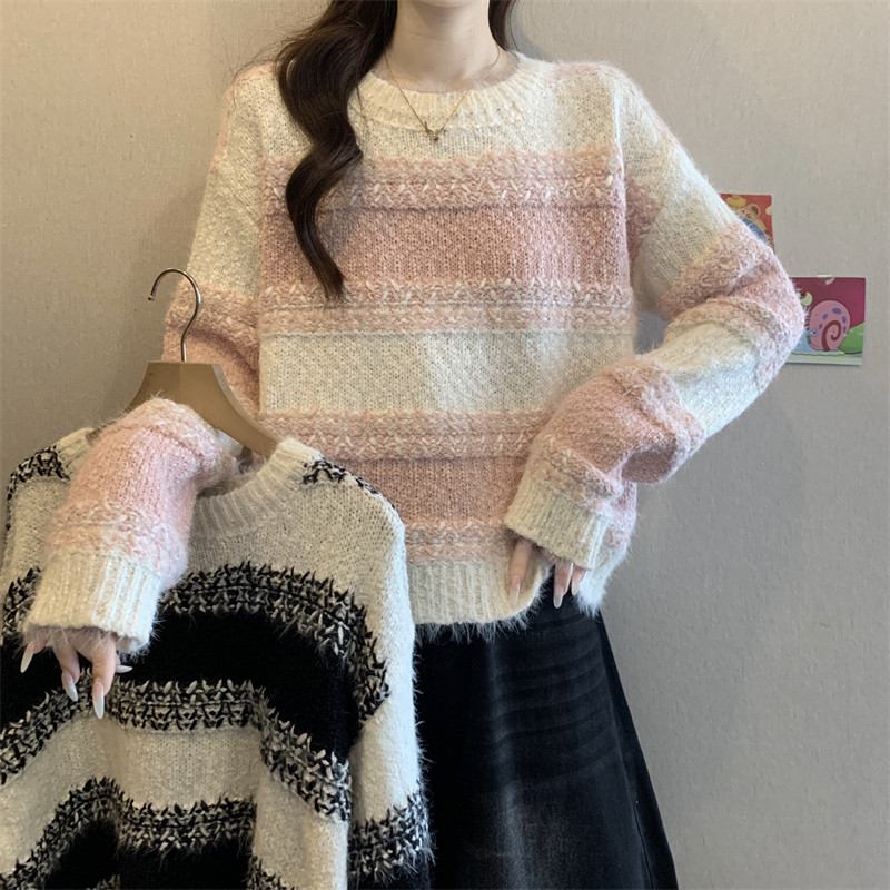 韩系粉色条纹高级感套头软糯毛衣女秋冬宽松慵懒风内搭针织衫上衣
