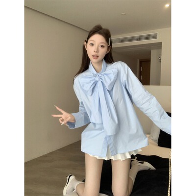 蝴蝶结系带长袖衬衫女2025春季新款设计感时尚宽松洋气别致上衣潮