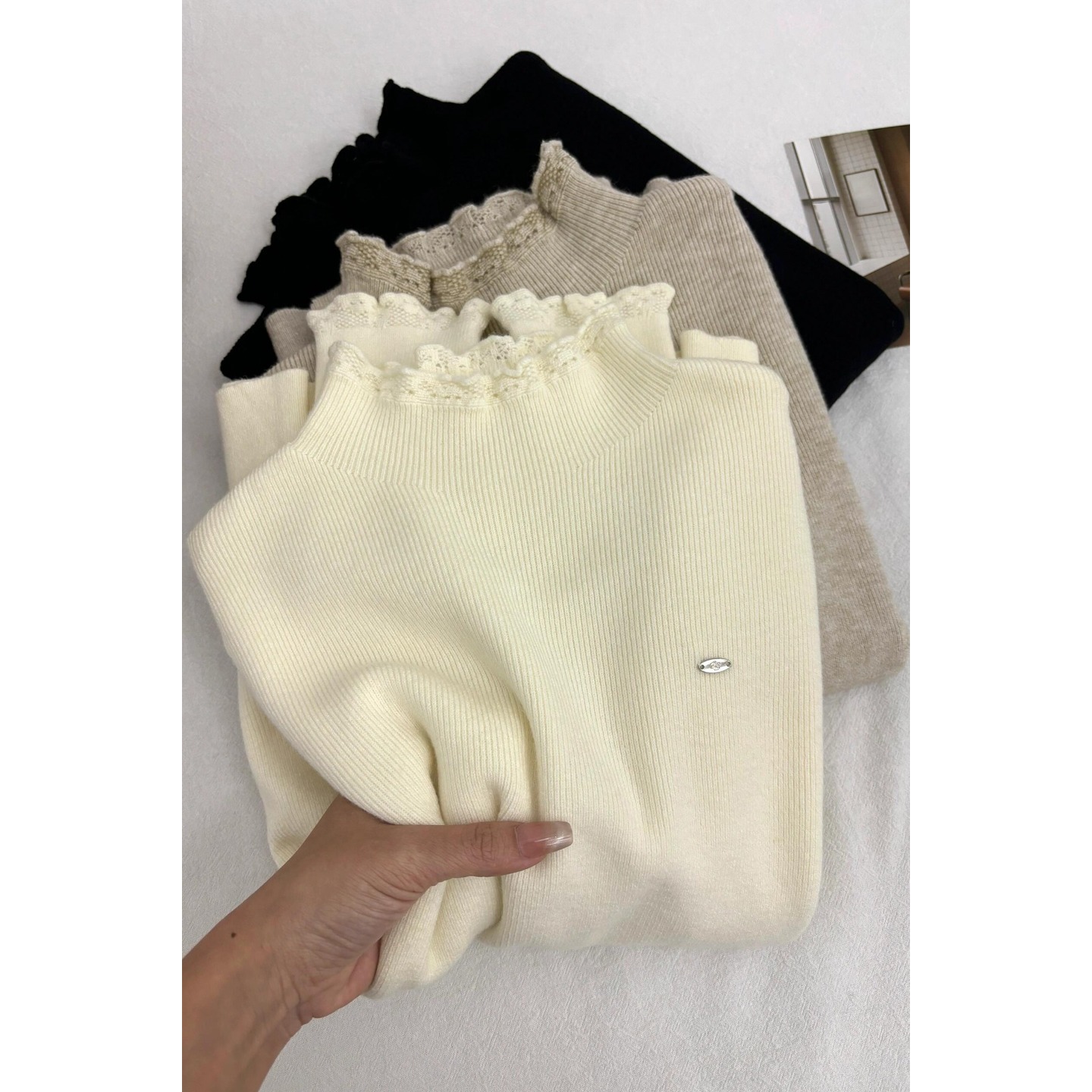 半高领木耳花边针织衫上衣女秋冬韩系流行叠穿内搭毛衣长袖打底衫