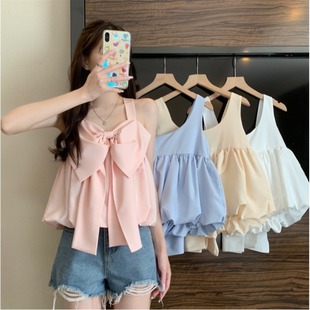 甜美法式吊带背心宽松女内蝴蝶结夏季小众设计感两穿短款上衣