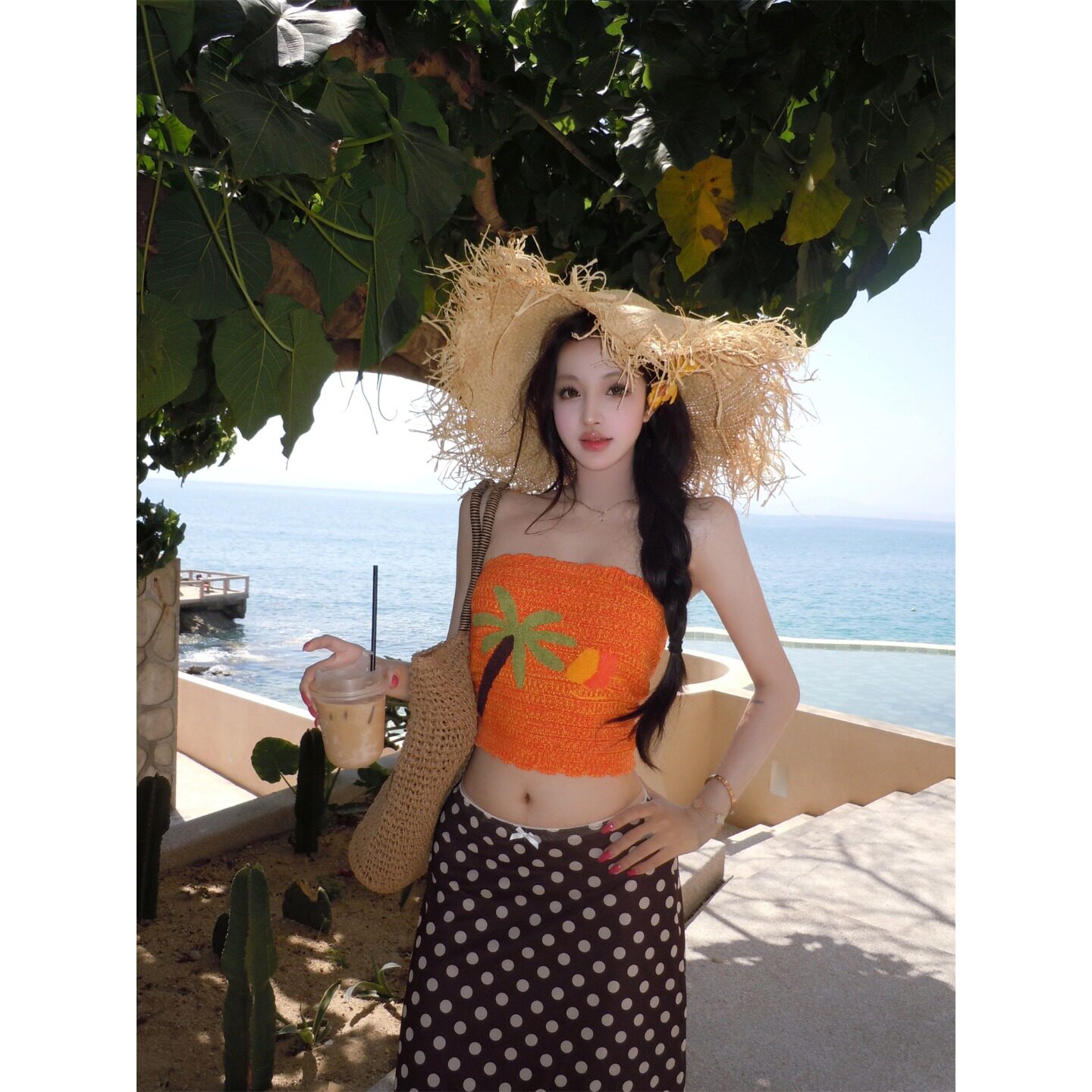 泰国海岛度假风套装多巴胺印花针织抹胸上衣波点半身裙出片两件套