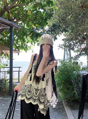 2026夏季新款夏复古撞色度假风鸳鸯拼色不规则吊带背心上衣女chic