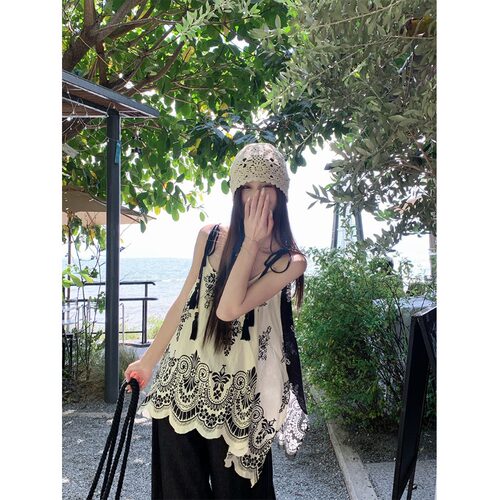 2026夏季新款夏复古撞色度假风鸳鸯拼色不规则吊带背心上衣女chic