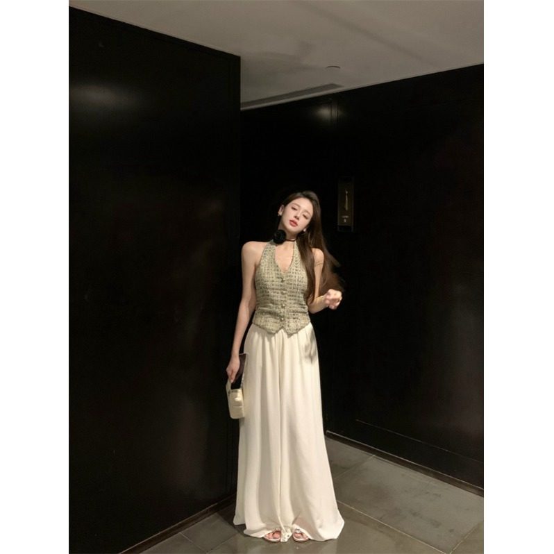 小香风套装女编织无袖挂脖马甲