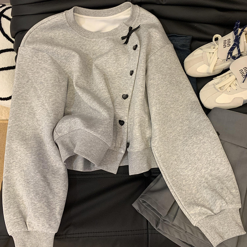 灰色蝴蝶结甜辣卫衣女早秋季韩系穿搭减龄气质宽松设计感上衣小众