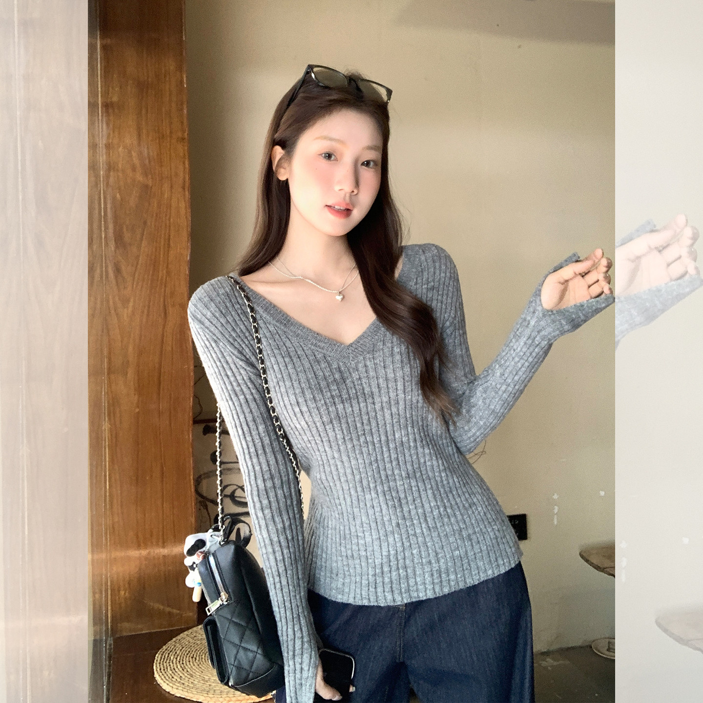 灰色v领针织衫毛衣女2026新款爆款早初秋季别致绝美修身长袖上衣