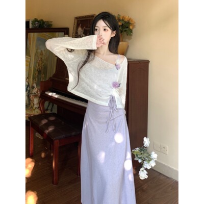 法式温柔风紫色连衣裙套装女春季别致绝美吊带裙胖MM遮肚显瘦裙子