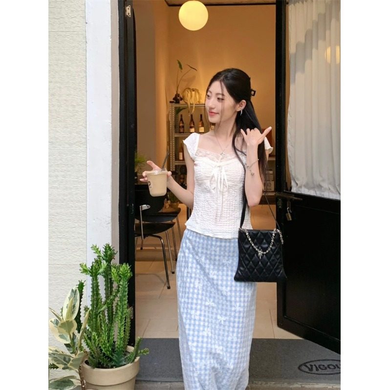 蕾丝拼接方领短袖T恤女夏季修身内搭韩系chic甜美短款打底衫上衣