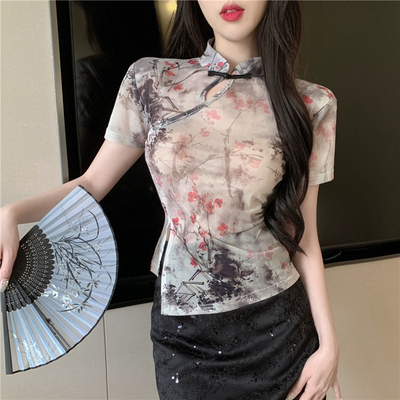 新中式国风旗袍短袖女装夏季甜辣别致绝美不规则显瘦晕染网纱上衣
