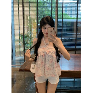 小清新甜美碎花雪纺衫女挂脖吊带背心法式短款辣妹抹胸上衣夏外穿