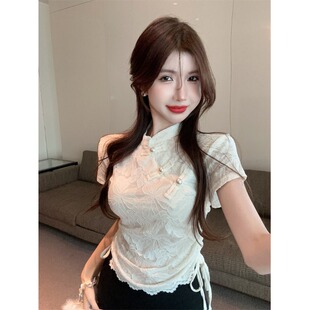 新中式斜领盘扣立领蕾丝短袖衬衫女夏季设计感高腰抽绳系带上衣潮