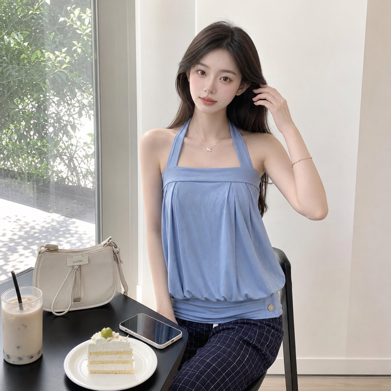 夏季蓝色抹胸挂脖修身显瘦背心