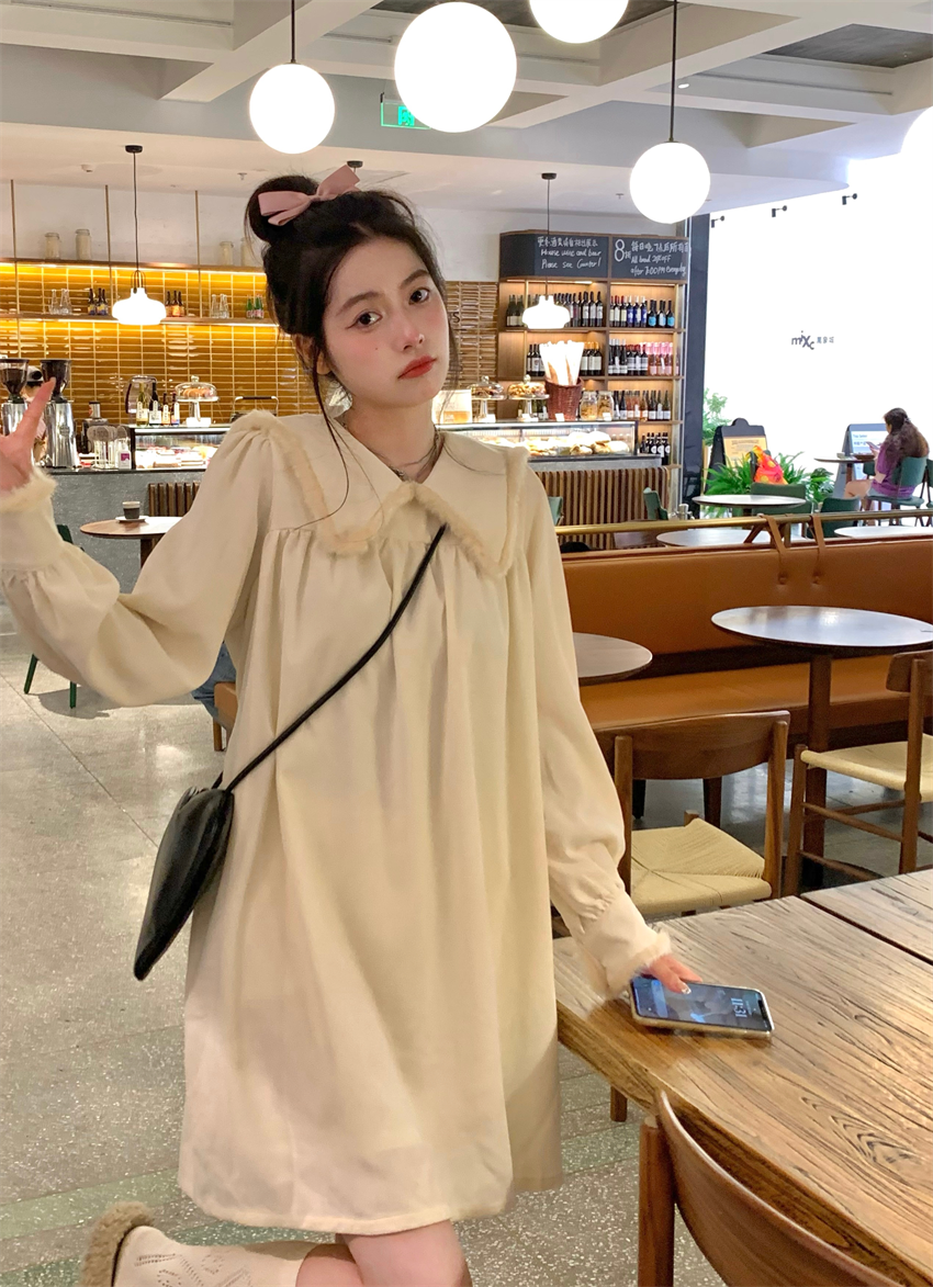 甜美可爱娃娃领连衣裙女秋季2023新款温柔短裙长袖宽松小个子裙子
