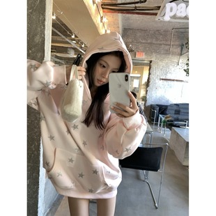 粉色甜美星星满印连帽卫衣女冬季加绒韩版宽松慵懒风重磅加厚外套