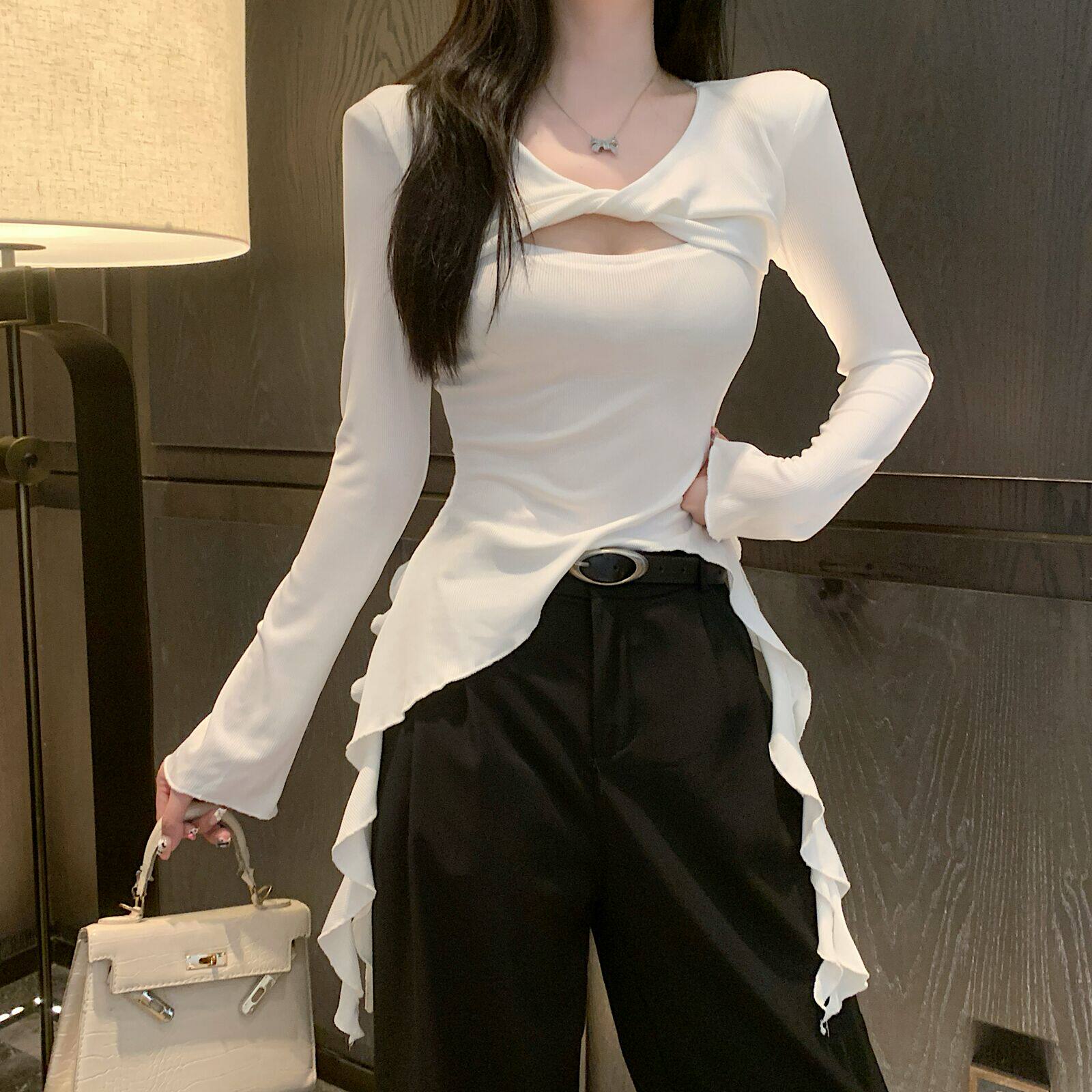 设计感扭叉镂空不规则飘带修身长修T恤女2026秋百搭显瘦气质上衣