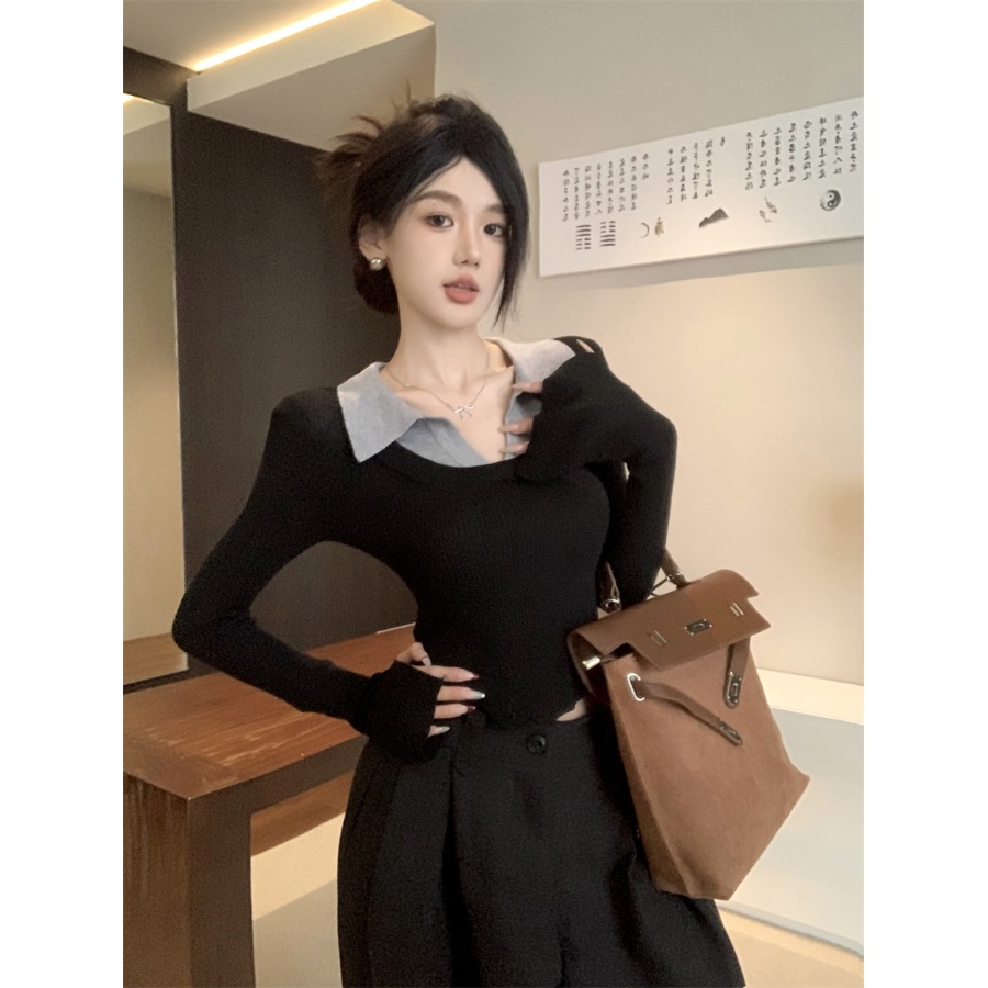 女秋冬胖mm修身显瘦短款不规则内搭打底上衣假两件撞色翻领针织衫