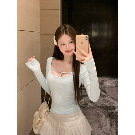 蓝色镂空蕾丝长袖T恤女秋冬季德绒内搭设计感修身显瘦打底衫上衣
