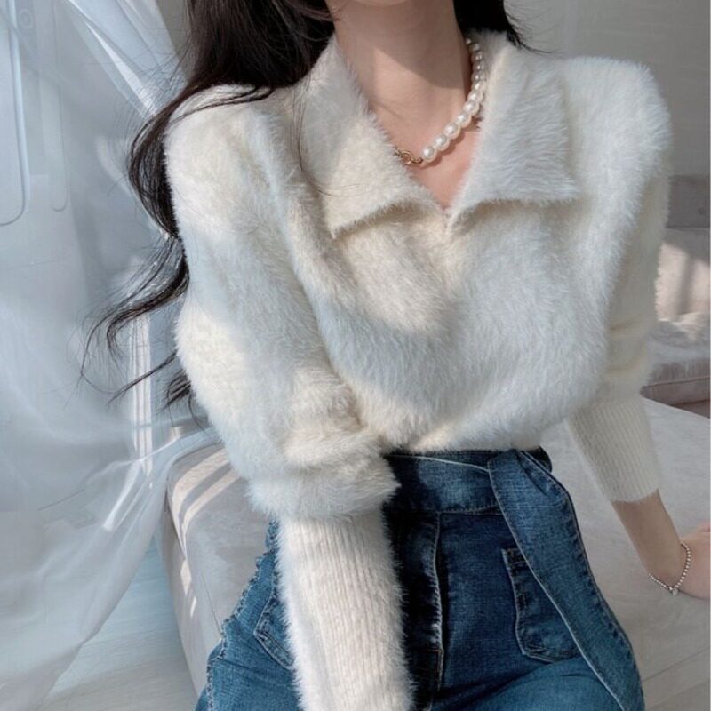 水貂绒POLO领毛衣女春秋