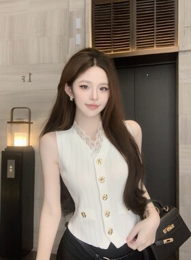 小香风针织马甲无袖背心女装夏季新品高级感蕾丝上衣坎肩毛衣外穿