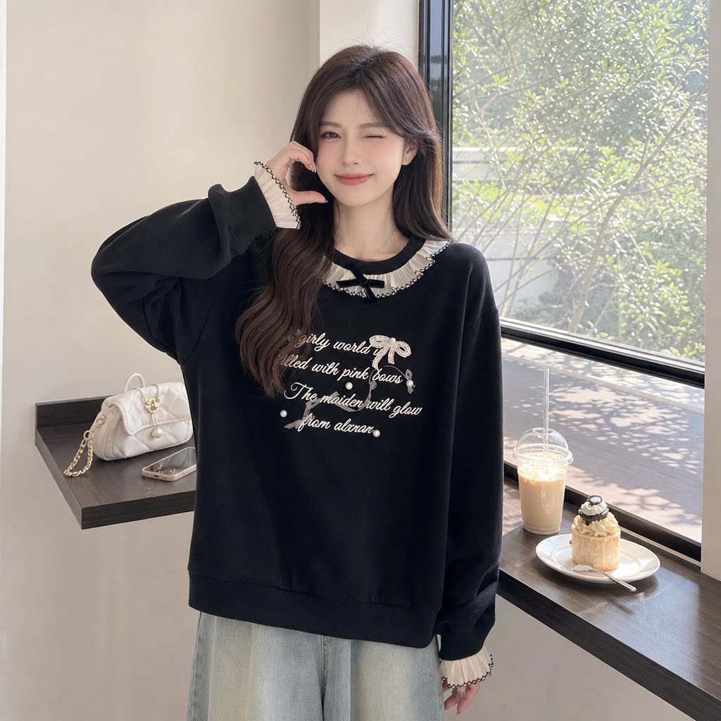 韩系chic大码宽松荷叶领卫衣女