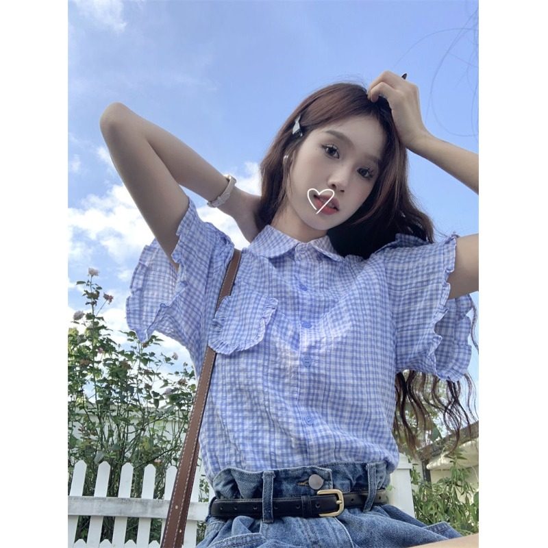 减龄格子短袖衬衫夏季新款清新小个子设计感小众木耳边上衣女学生