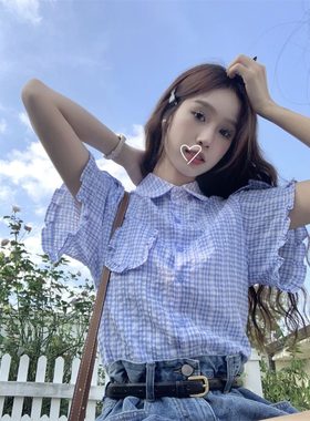 减龄格子短袖衬衫夏季新款清新小个子设计感小众木耳边上衣女学生