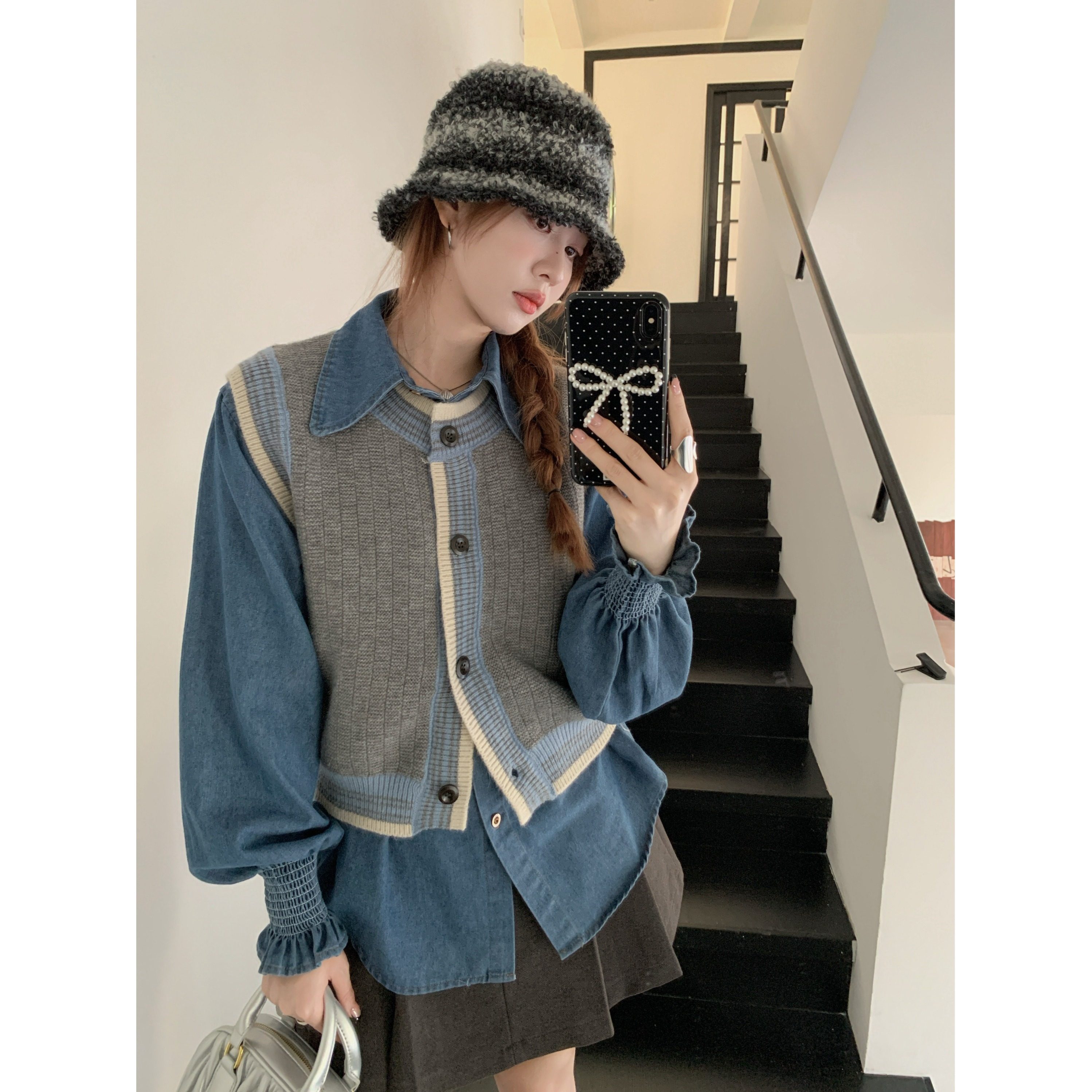 两件时尚套装女春秋开衫马甲针织背心内搭牛仔衬衫上衣两件套气质