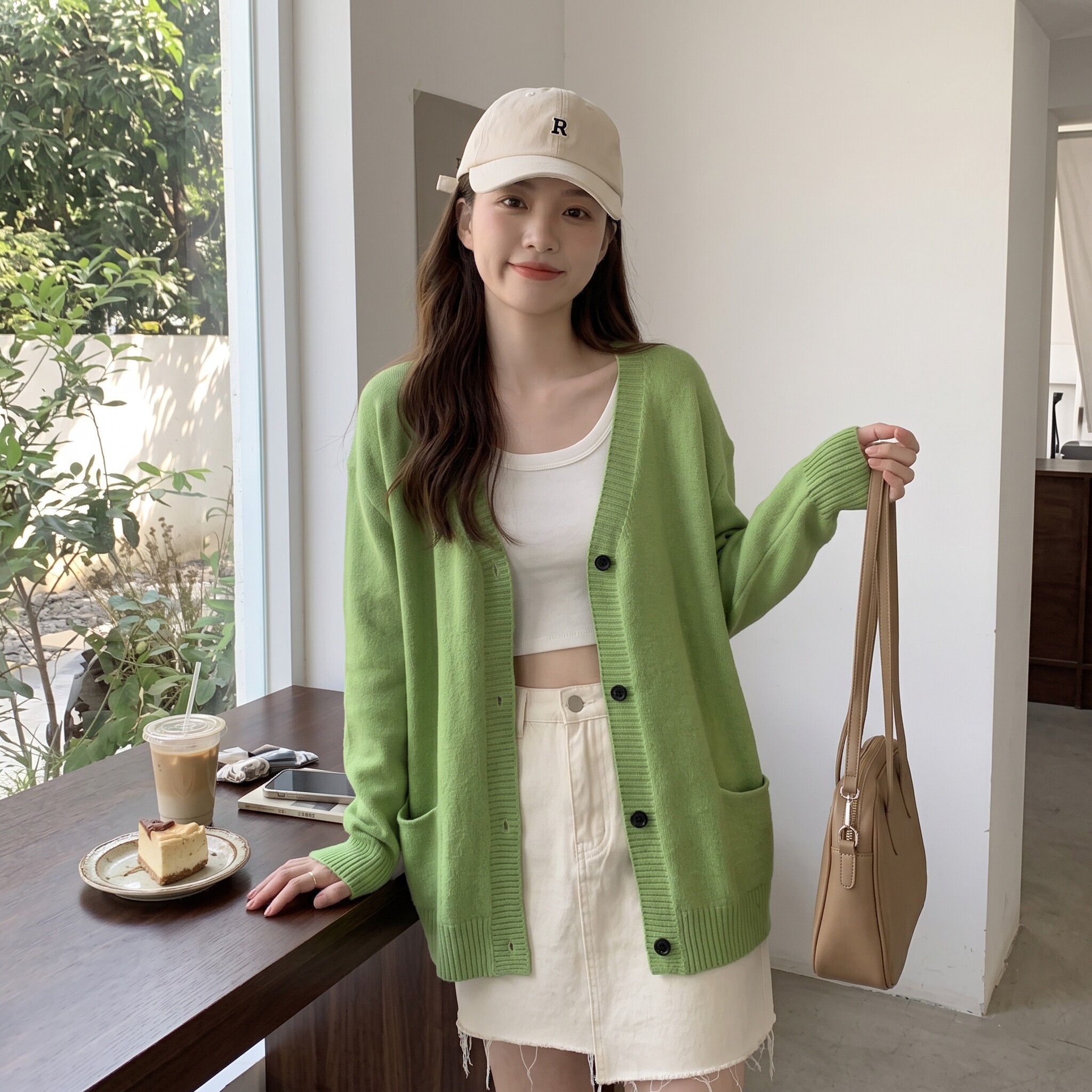 绿色复古V领慵懒风针织开衫女