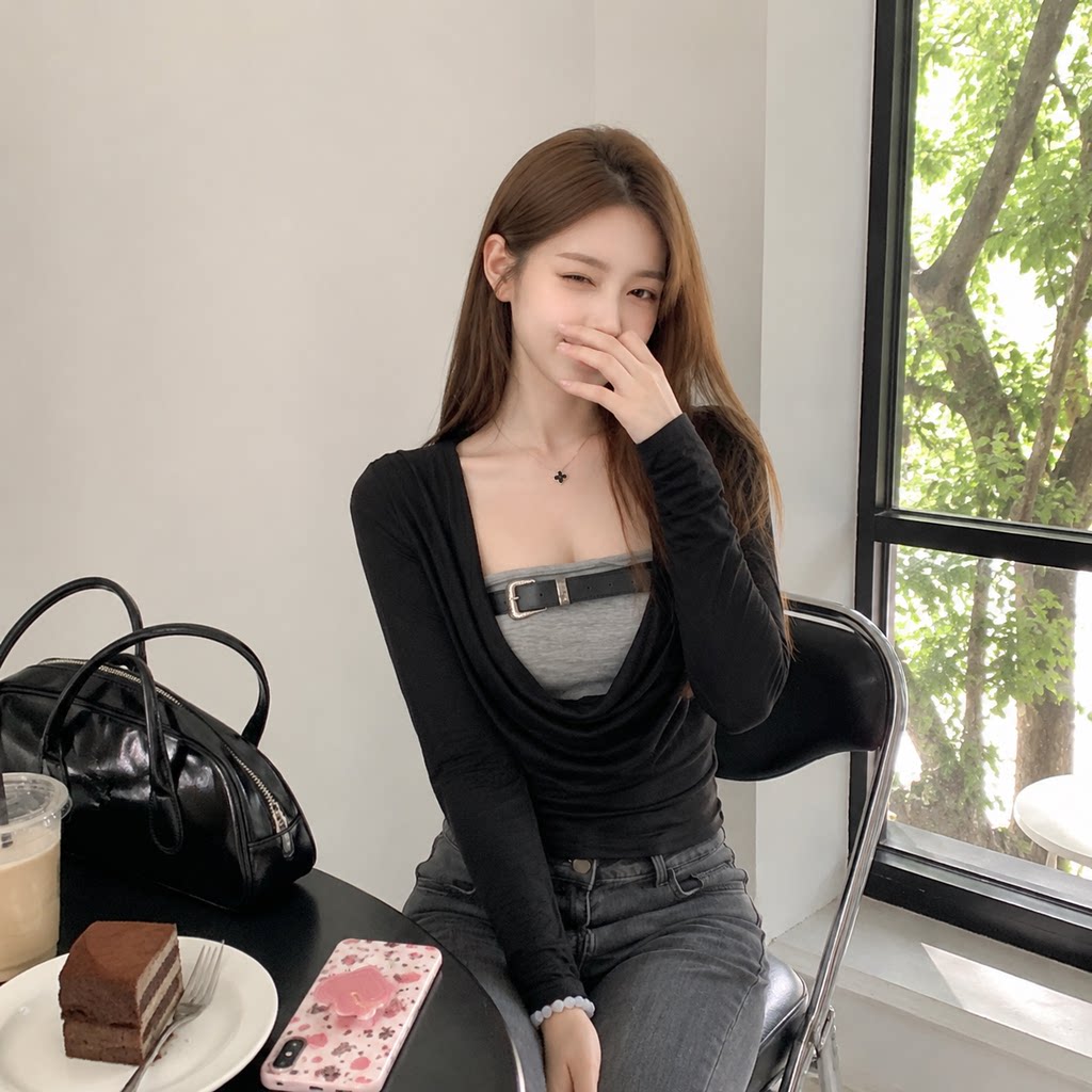 荡领假两件长袖T恤女收腰黑色
