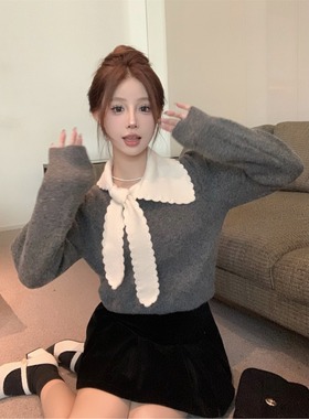 小香风娃娃领灰色毛衣女秋冬纯欲法式宫廷风上衣打底衫内搭高级感