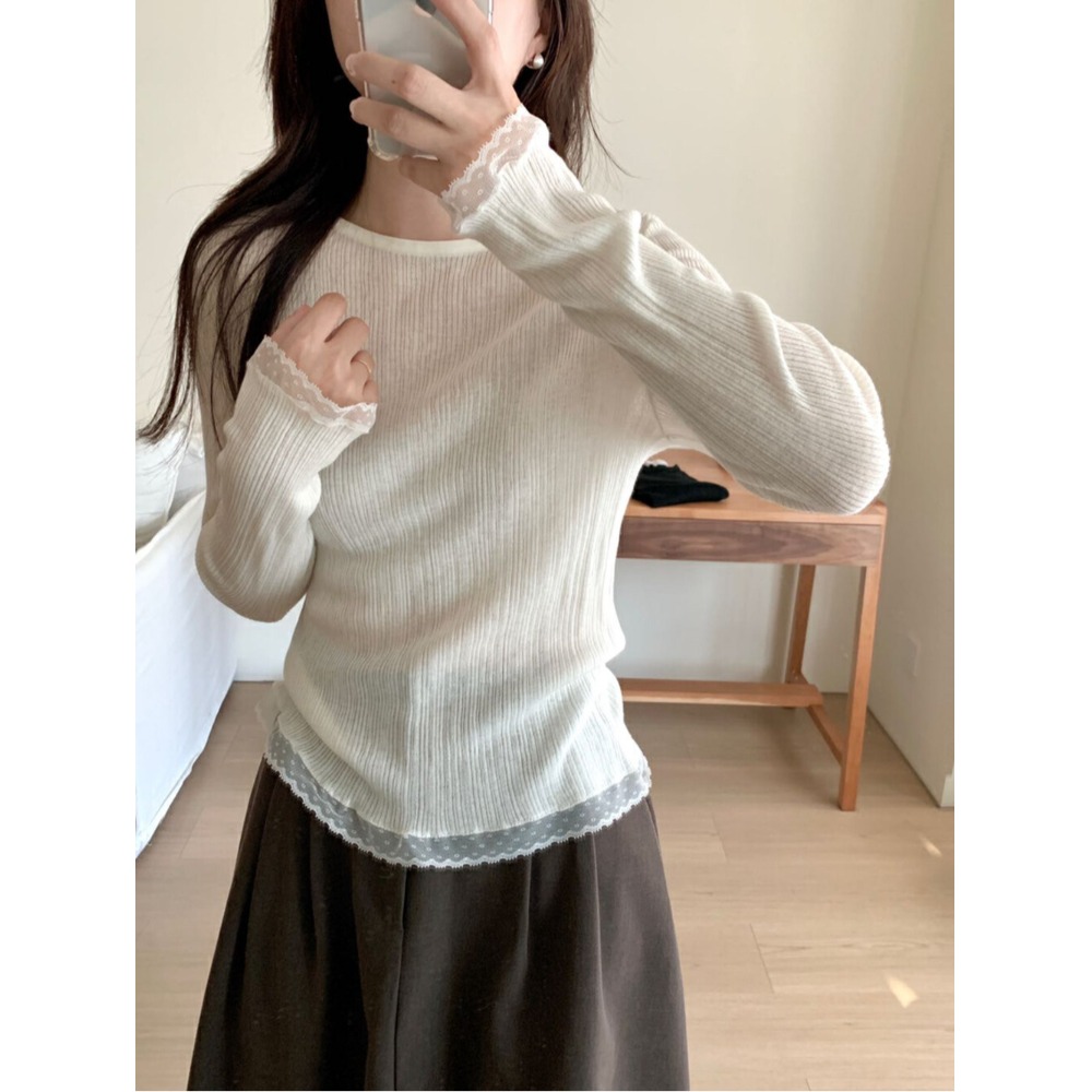 秋季女蕾丝边圆领修身针织衫