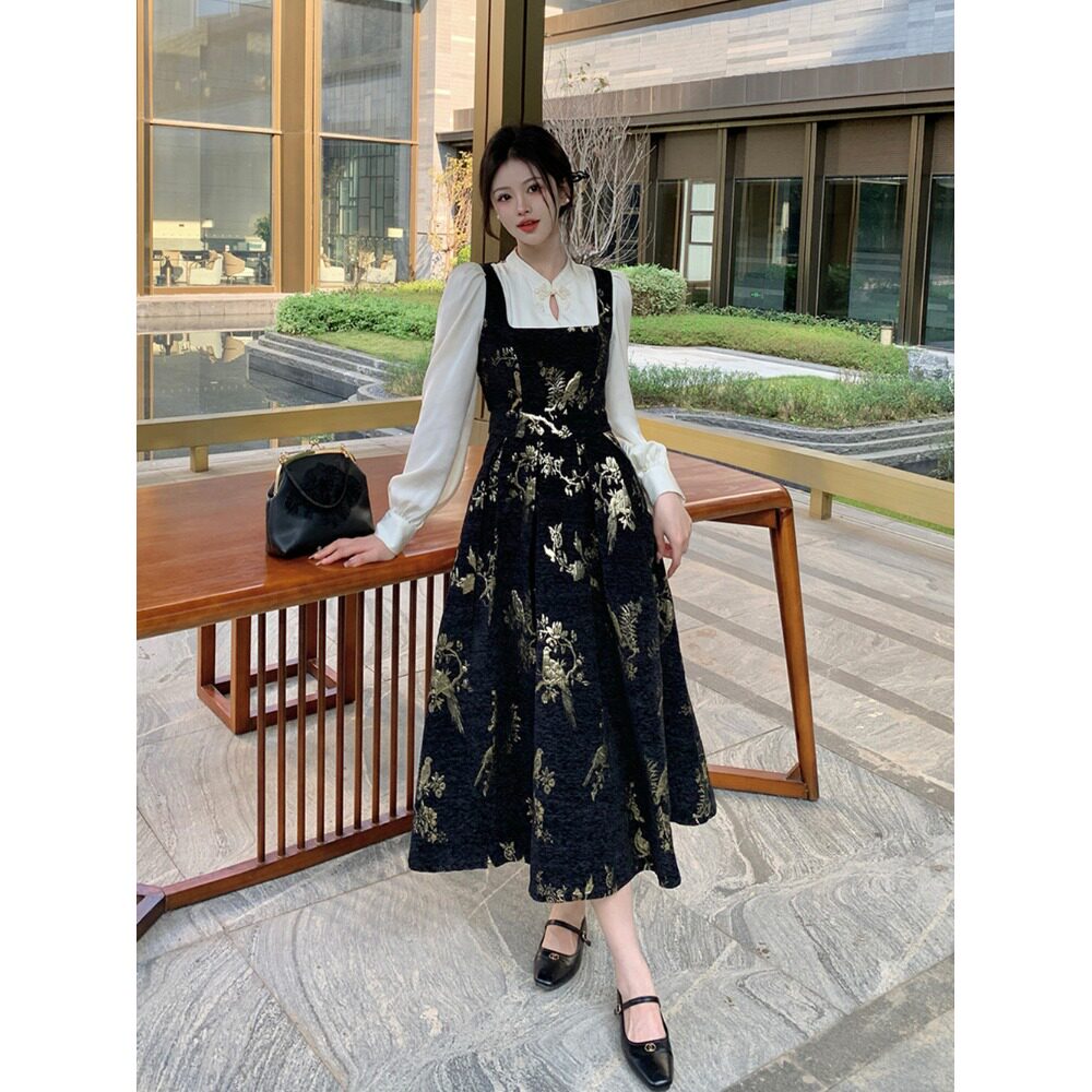 新中式黑色连衣裙2026新款女春秋气质显瘦长裙子百搭休闲两件套装