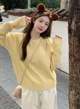 慵懒风黄色圆领毛衣女春秋季2024新款小个子日系宽松内搭针织上衣