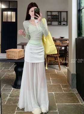 法式白色网纱半身裙女春夏2026新款设计感荷叶边高腰显瘦包臀长裙