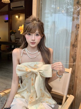 法式黄色碎花抹胸背心女夏季绝美蝴蝶结裹胸甜辣海边度假外穿上衣