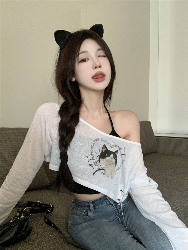爵士舞蹈短款跳舞罩衫纯欲辣妹露肩猫咪印花T恤女背心叠穿两件套