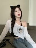 爵士舞蹈短款 跳舞罩衫 纯欲辣妹露肩猫咪印花T恤女背心叠穿两件套