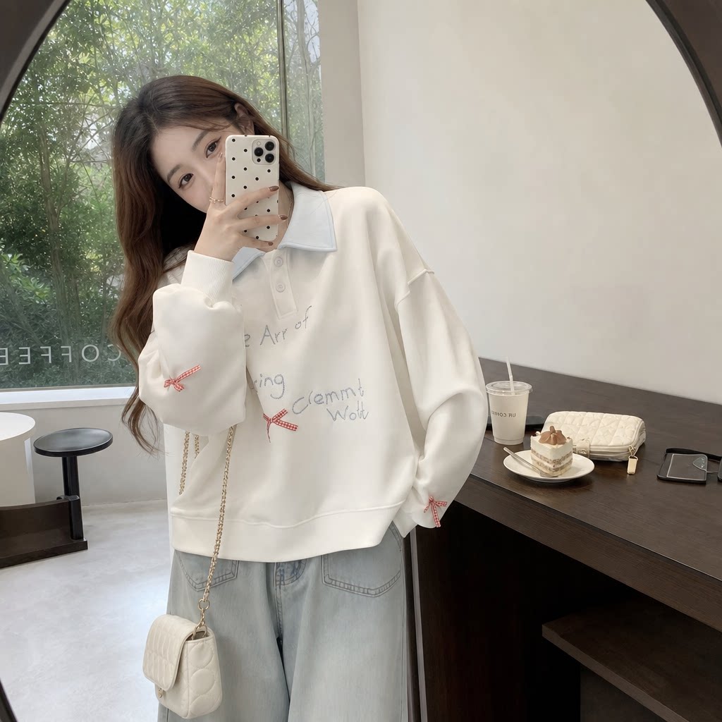学院风短款POLO领蝴蝶结卫衣女
