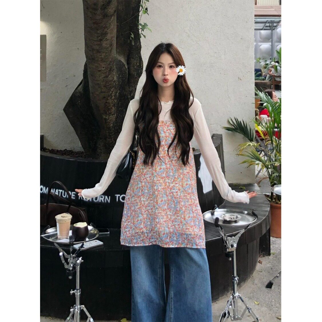 2026开春碎花吊带长袖女套装