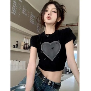 黑色正肩短袖t恤女2024新款夏季辣妹纯欲风独特别致高腰短款上衣