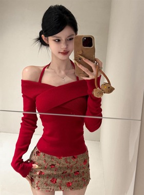 韩系红色一字肩挂脖打底衫女秋季设计感小众交叉修身显瘦短款上衣