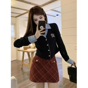 大码胖MM假两件学院风拼接衬衫T恤女春季显瘦上衣胖mm半身裙套装