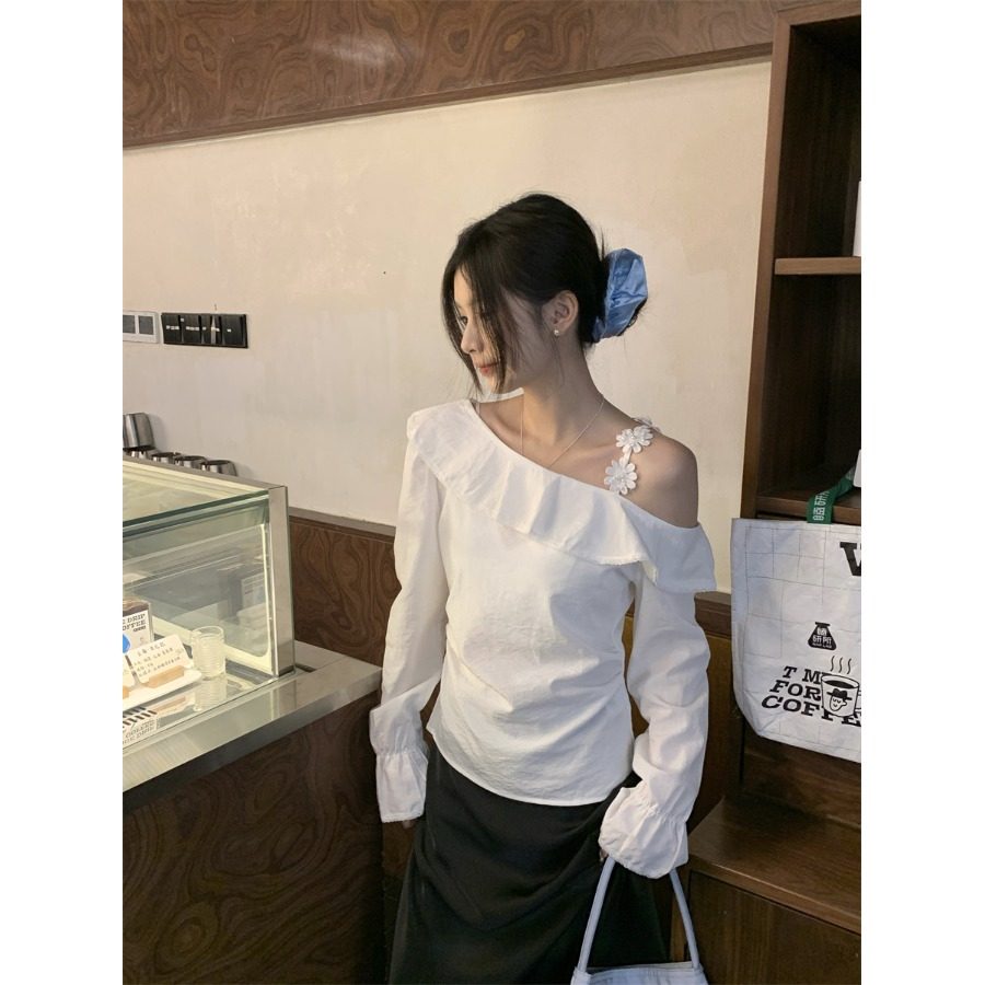 2026甜美设计新款荷叶长袖白色衬衫喇叭袖修身春季女装上衣露肩,女装/女士精品,衬衫,淘宝优惠券,粉丝福利购,淘宝优惠卷