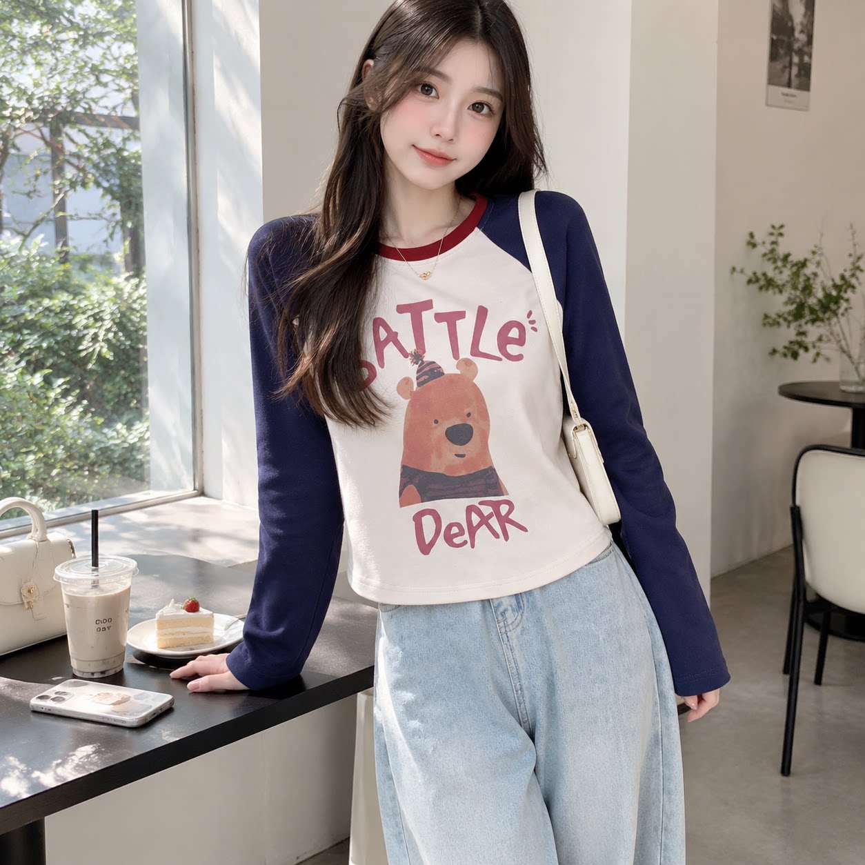 美式复古薄款大码宽松长袖T恤女
