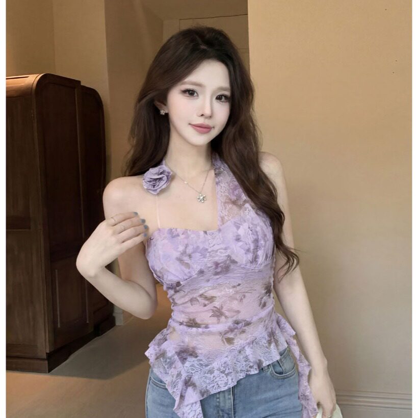 甜辣风紫色挂脖蕾丝设计吊带T恤女夏季不规则荷叶边修身显瘦上衣