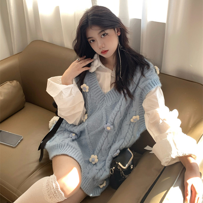 两件套装春秋韩甜美毛衣女重工针织马甲背心宽松叠穿马夹长袖衬衫