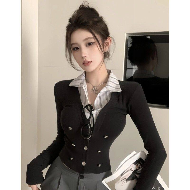 学院风假两件拼接翻领长袖T恤女秋季辣妹修身显瘦短款打底衫上衣