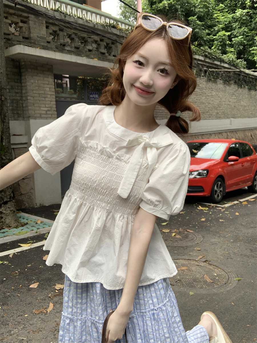韩版气质小清新泡泡袖绑带收腰短袖衬衫百搭减龄洋气时尚衬衣女装